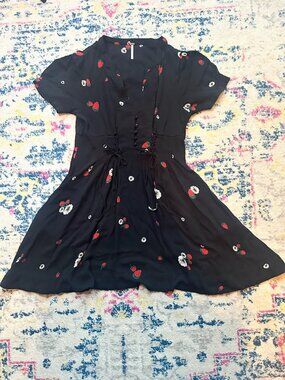Free People Dream Girl Retro Strawberry Floral Lace-up Mini Dress - 8